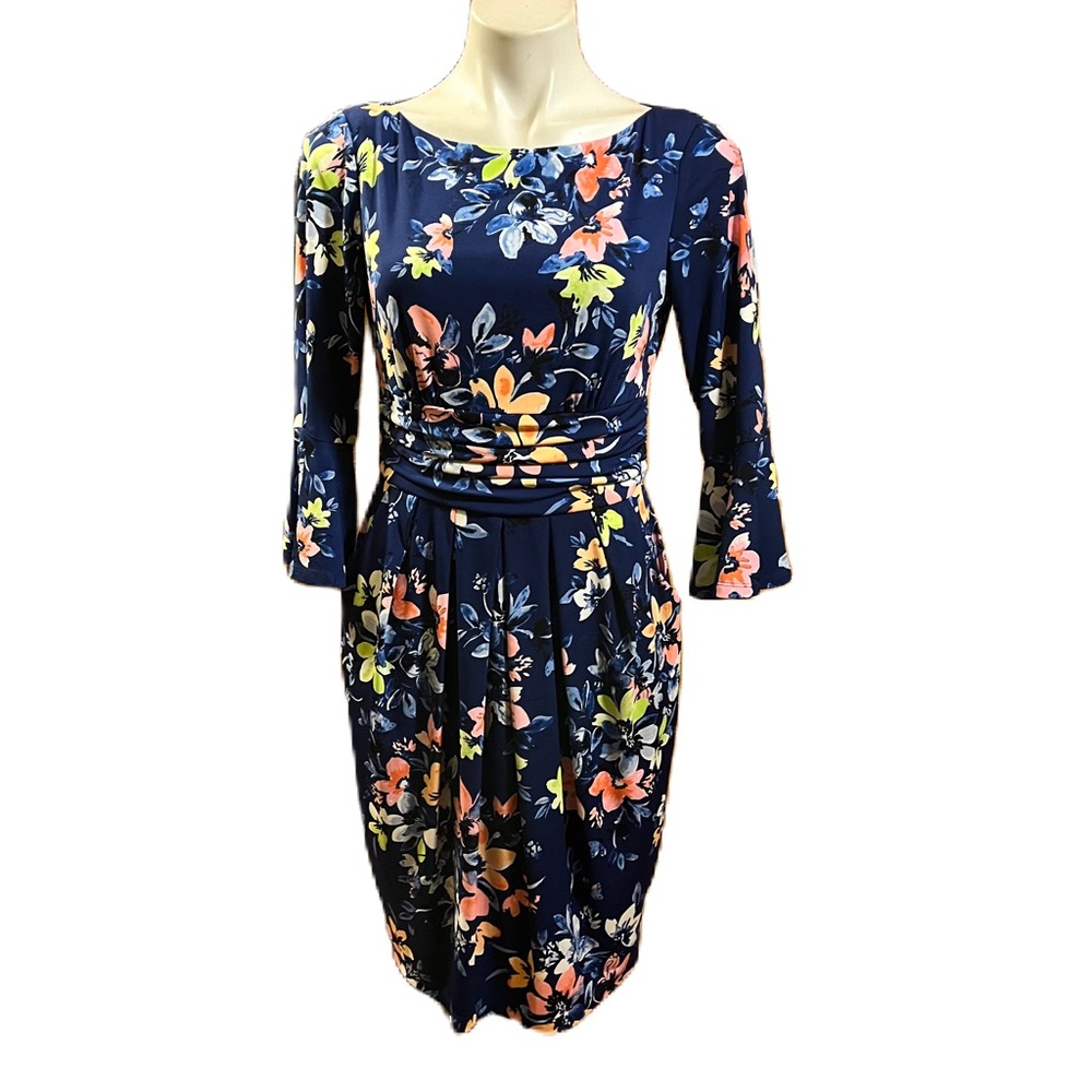 Eliza J blue floral bell sleeve dresss ruched waist 8